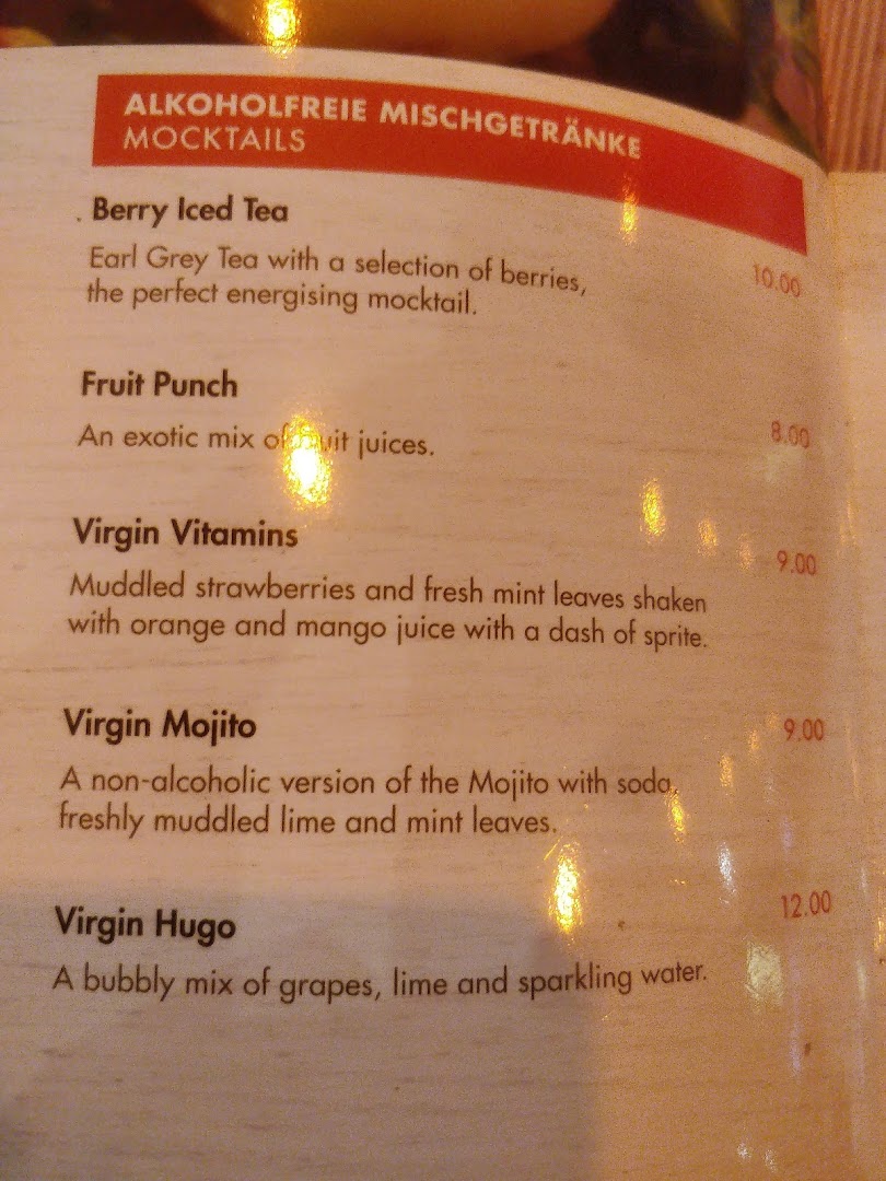 A menu page displaying a selection of non-alcoholic mocktails and their prices.
