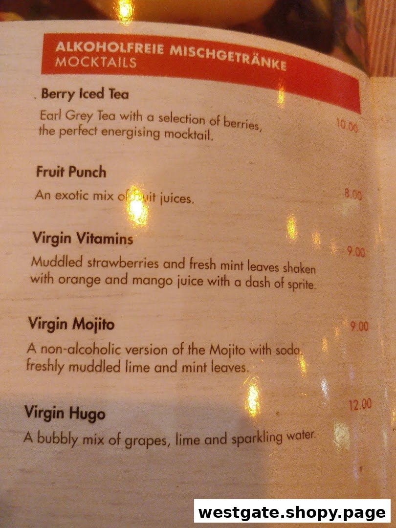 A menu page displaying a selection of non-alcoholic mocktails and their prices.