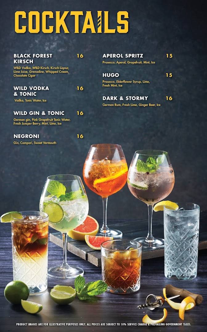 A menu displaying various cocktails with their ingredients and prices, accompanied by vibrant drink photography.