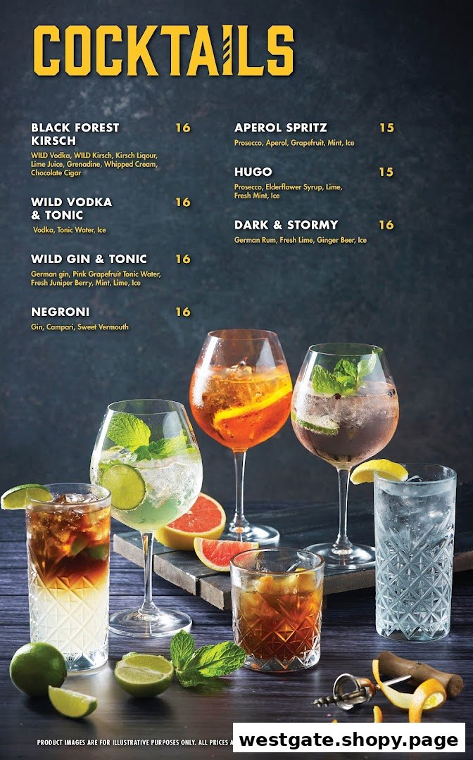 A menu displaying various cocktails with their ingredients and prices, accompanied by vibrant drink photography.