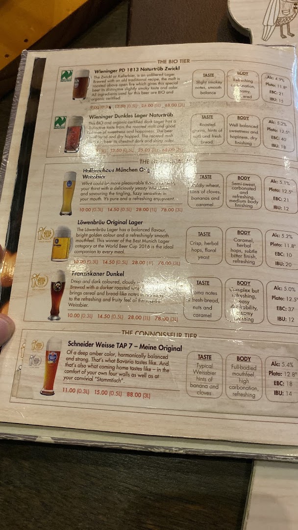 A close-up of a menu displaying various German beers with detailed descriptions and prices.