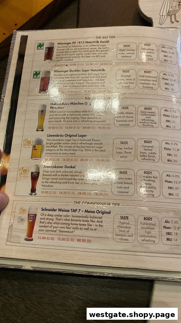 A close-up of a menu displaying various German beers with detailed descriptions and prices.