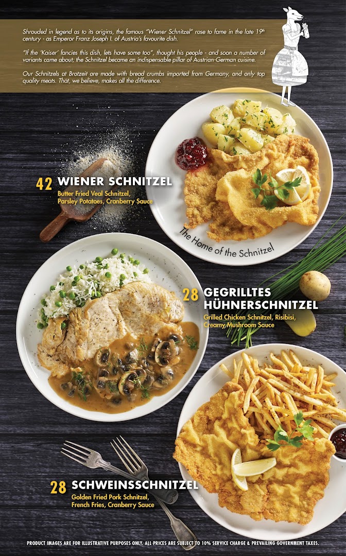 A menu page showcasing various schnitzel dishes with prices and descriptions from Brotzeit.