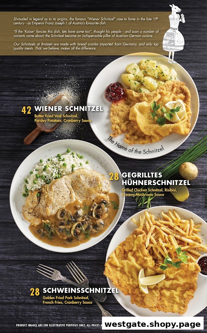 A menu page showcasing various schnitzel dishes with prices and descriptions from Brotzeit.