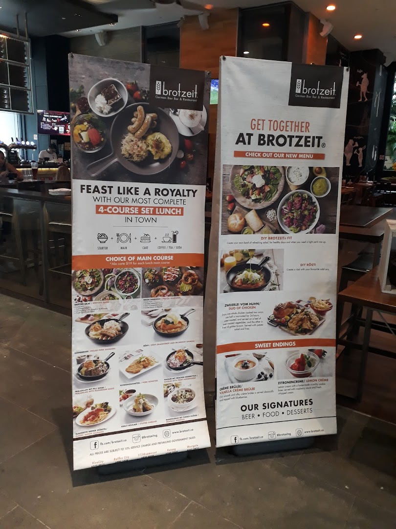 Two promotional banners for Brotzeit German Beer Bar and Restaurant, showcasing set lunch offers and new menu items.