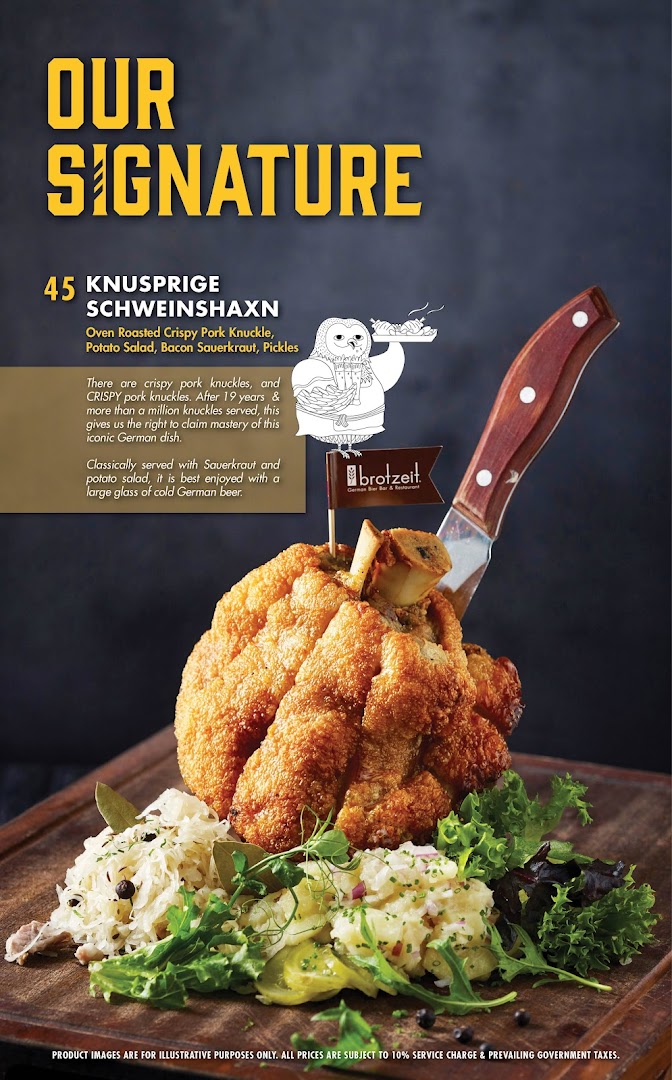 A menu page showcasing Brotzeit's signature crispy pork knuckle, Knusprige Schweinshaxn, with sides.