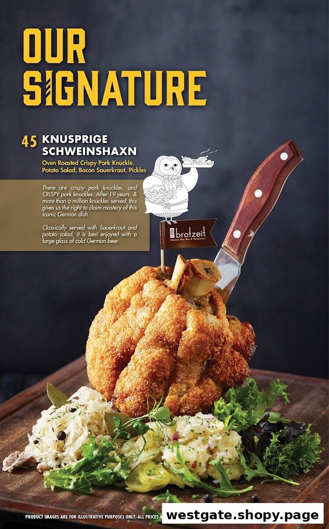 A menu page showcasing Brotzeit's signature crispy pork knuckle, Knusprige Schweinshaxn, with sides.