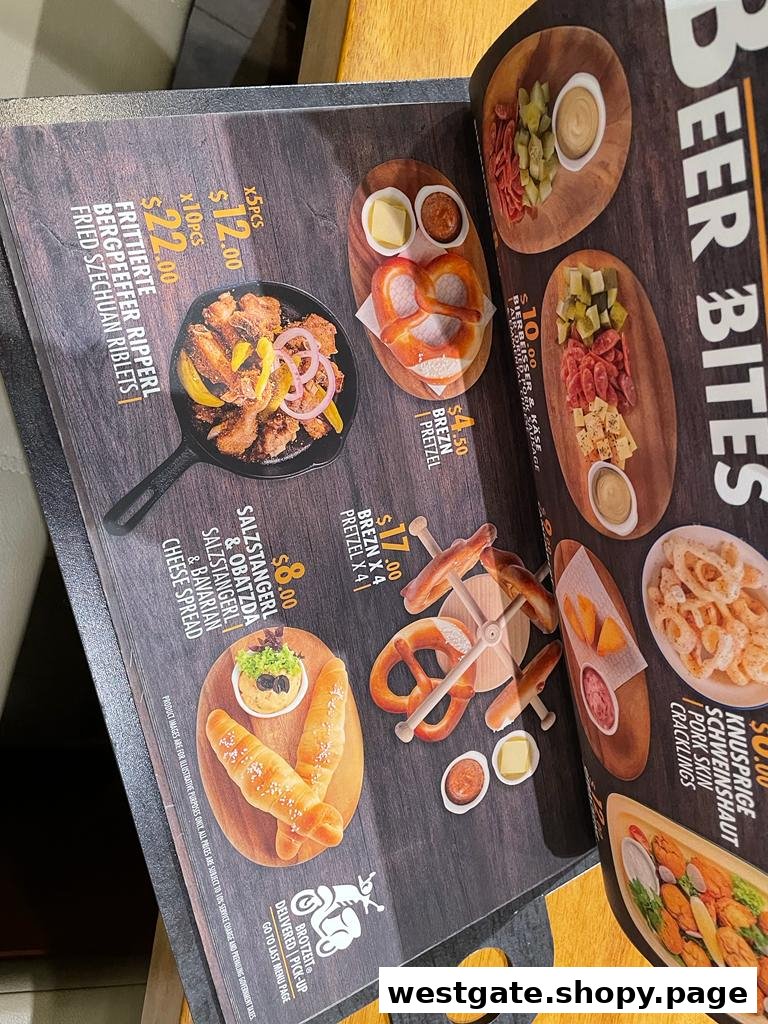 A menu page from Brotzeit German Beer Bar and Restaurant, showcasing a selection of 'Beer Bites' with prices and images.