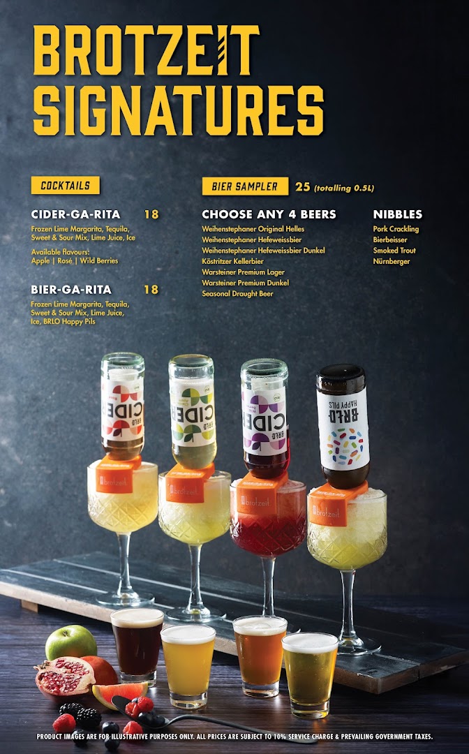 A menu displaying Brotzeit's signature cocktails, beer sampler, and nibbles with prices.