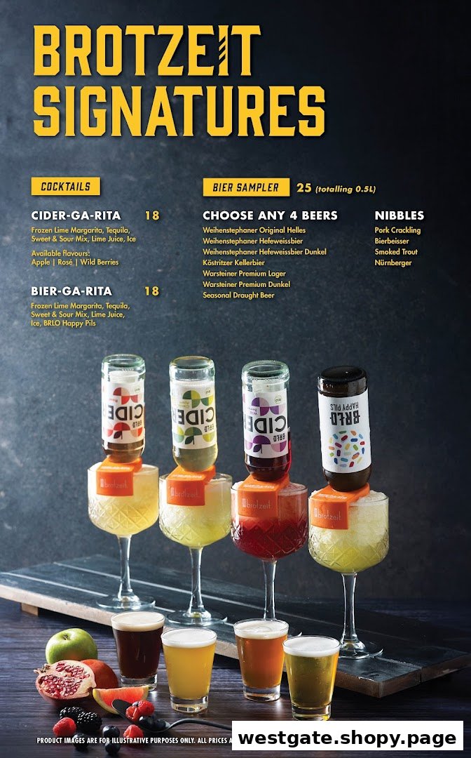 A menu displaying Brotzeit's signature cocktails, beer sampler, and nibbles with prices.