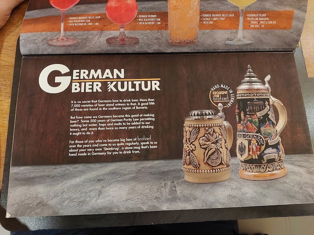 A menu page showcasing German beer culture, specialty mugs, and various beer-based cocktails.