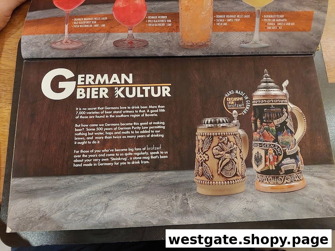 A menu page showcasing German beer culture, specialty mugs, and various beer-based cocktails.