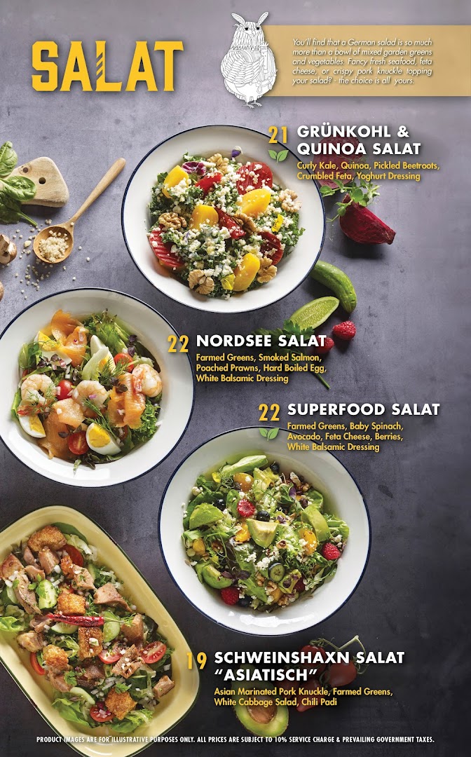 A menu page showcasing various German-inspired salads with ingredients and prices from Brotzeit.