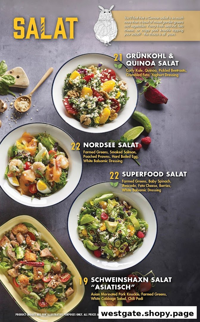 A menu page showcasing various German-inspired salads with ingredients and prices from Brotzeit.