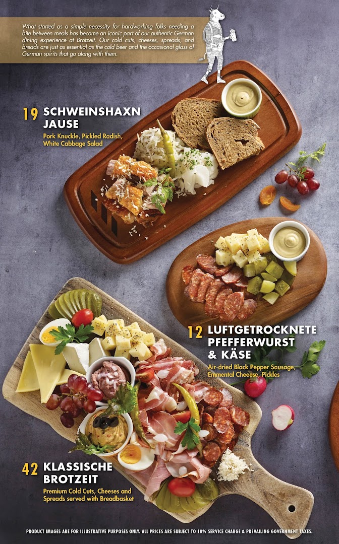 A menu displaying traditional German platters including pork knuckle, cold cuts, and cheeses.