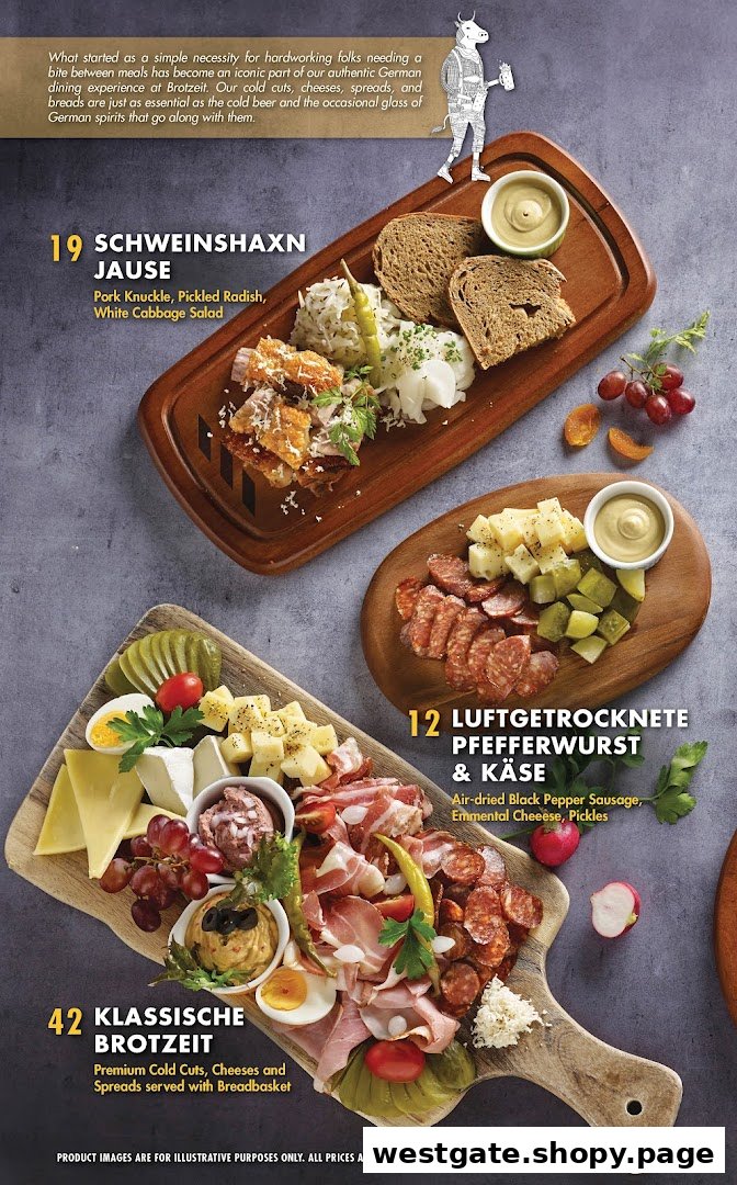 A menu displaying traditional German platters including pork knuckle, cold cuts, and cheeses.