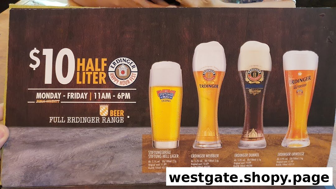 A menu board displaying a happy hour offer for Erdinger beers at $10 per half liter.