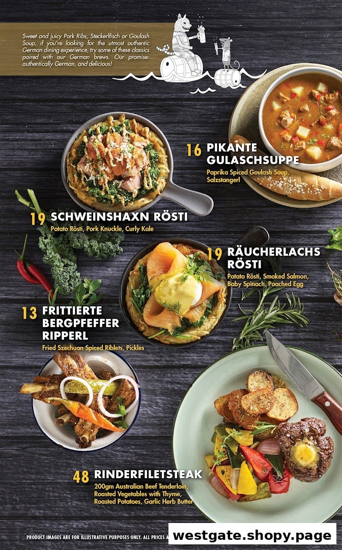 A menu displaying various authentic German dishes with prices and descriptions.