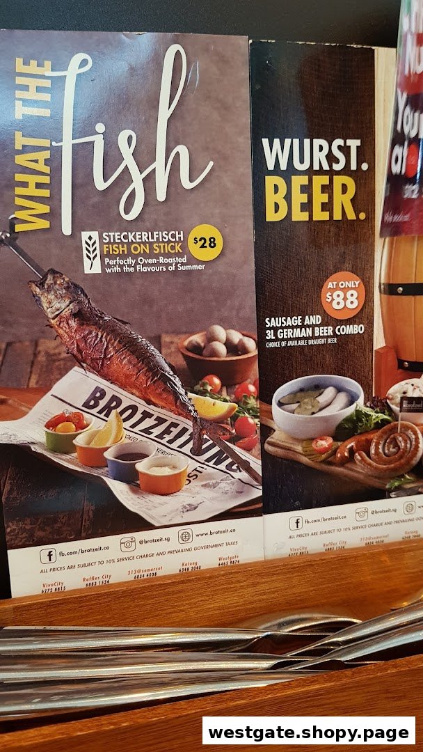 A menu displaying a German fish dish and a sausage and beer combo deal with prices.