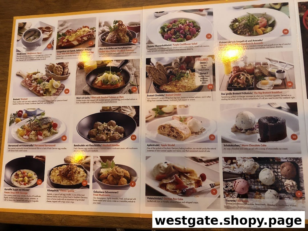 A comprehensive menu displaying various German dishes, including appetizers, main courses, salads, and desserts.