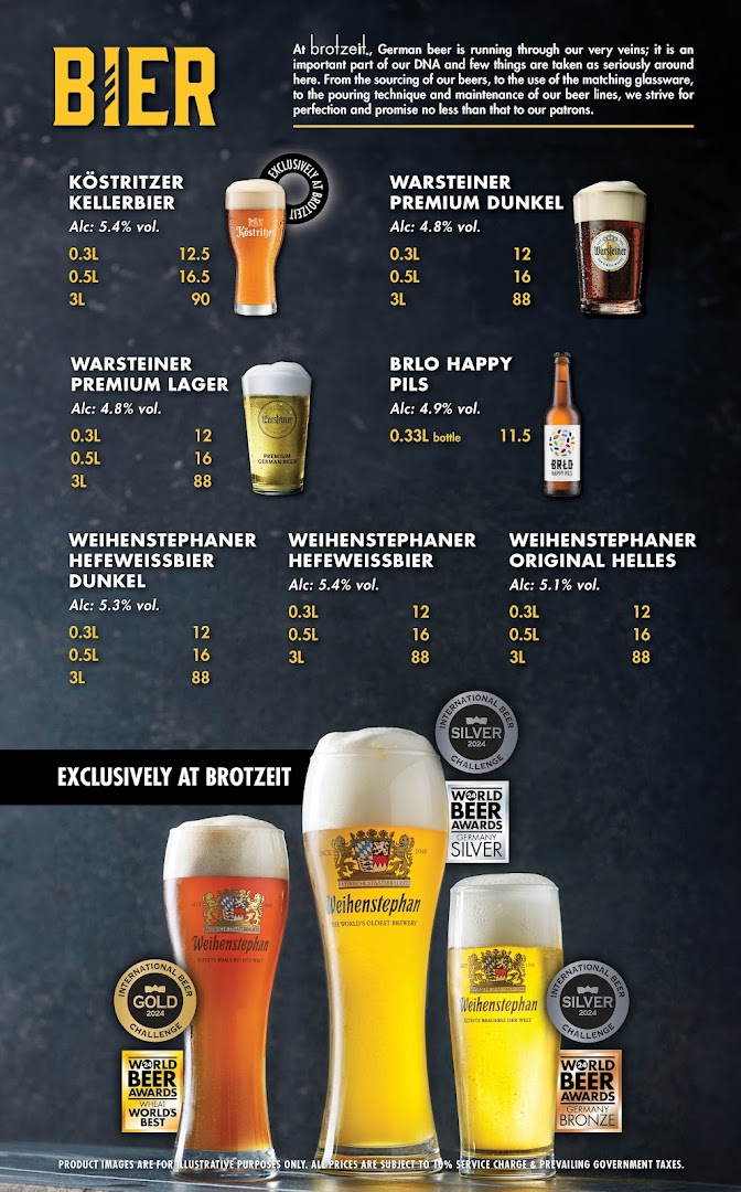 A detailed menu showcasing Brotzeit's selection of German beers with prices and descriptions.