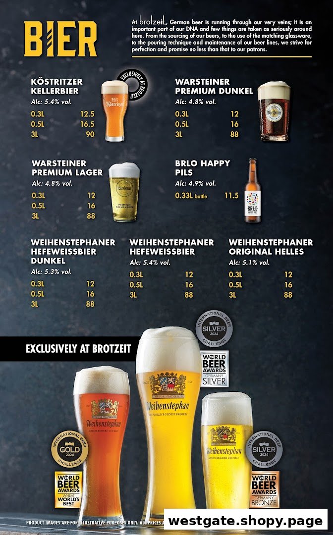 A detailed menu showcasing Brotzeit's selection of German beers with prices and descriptions.
