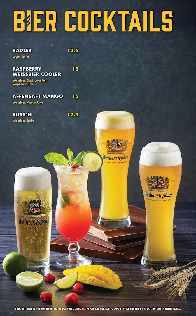 A menu displaying various 'Bier Cocktails' with their prices and illustrative images of the drinks.