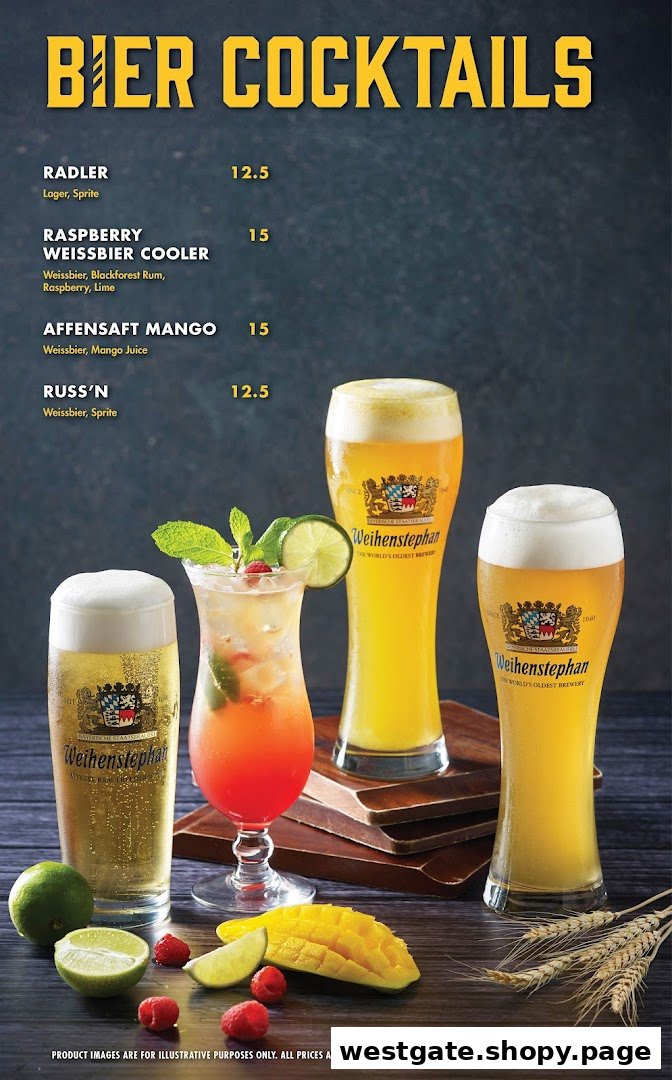 A menu displaying various 'Bier Cocktails' with their prices and illustrative images of the drinks.