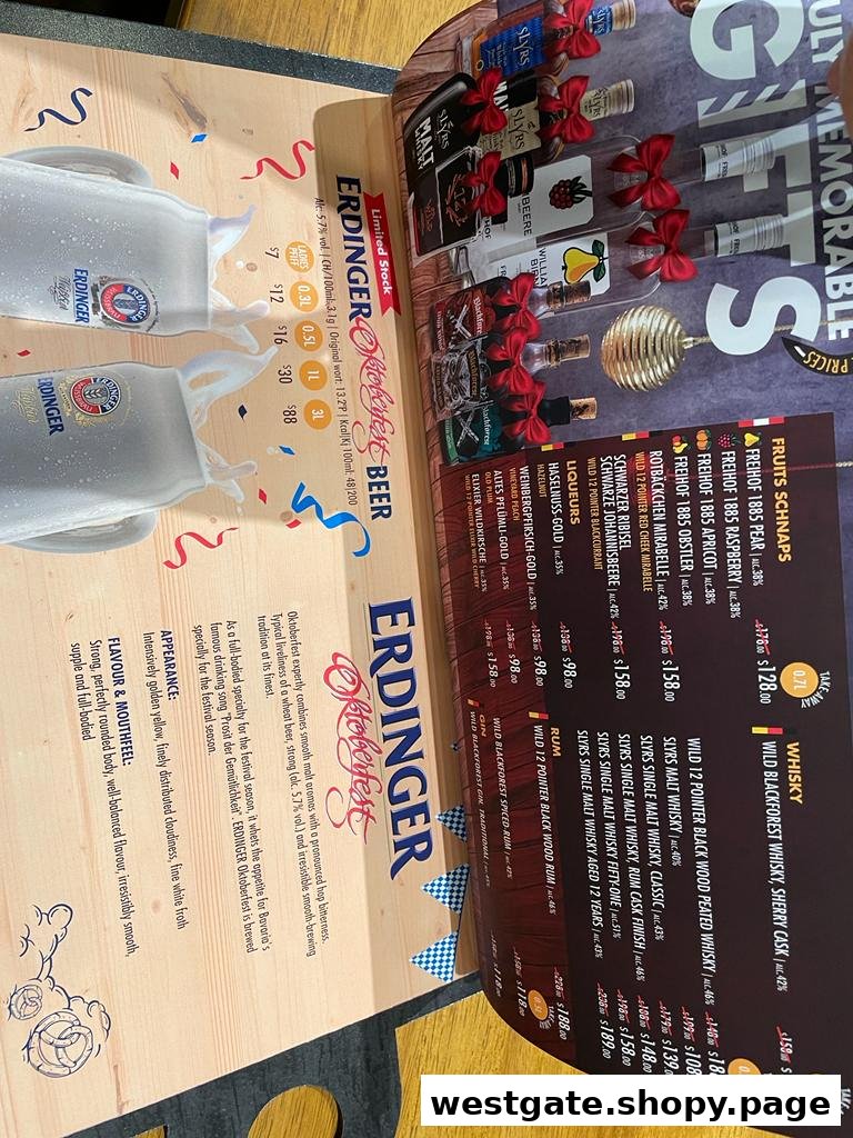 A detailed menu page featuring German beers, schnapps, whiskies, liqueurs, rum, and gin.