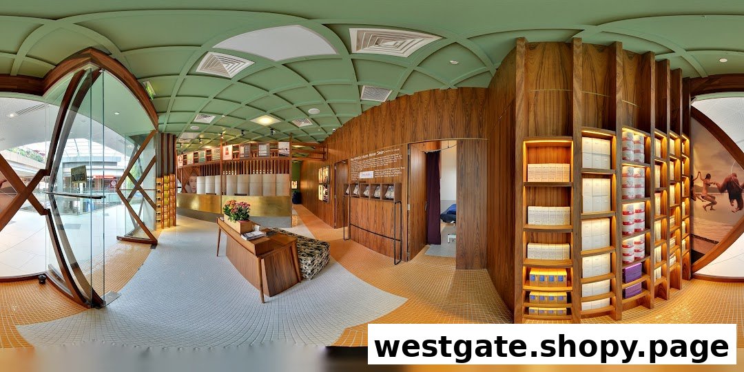 A panoramic view of Browhaus Westgate's stylish interior, featuring unique wooden fixtures, product displays, and treatment rooms.