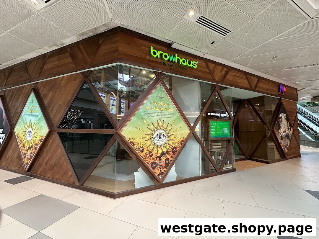 The exterior of Browhaus Westgate, a brow salon, featuring a unique wooden and glass facade.