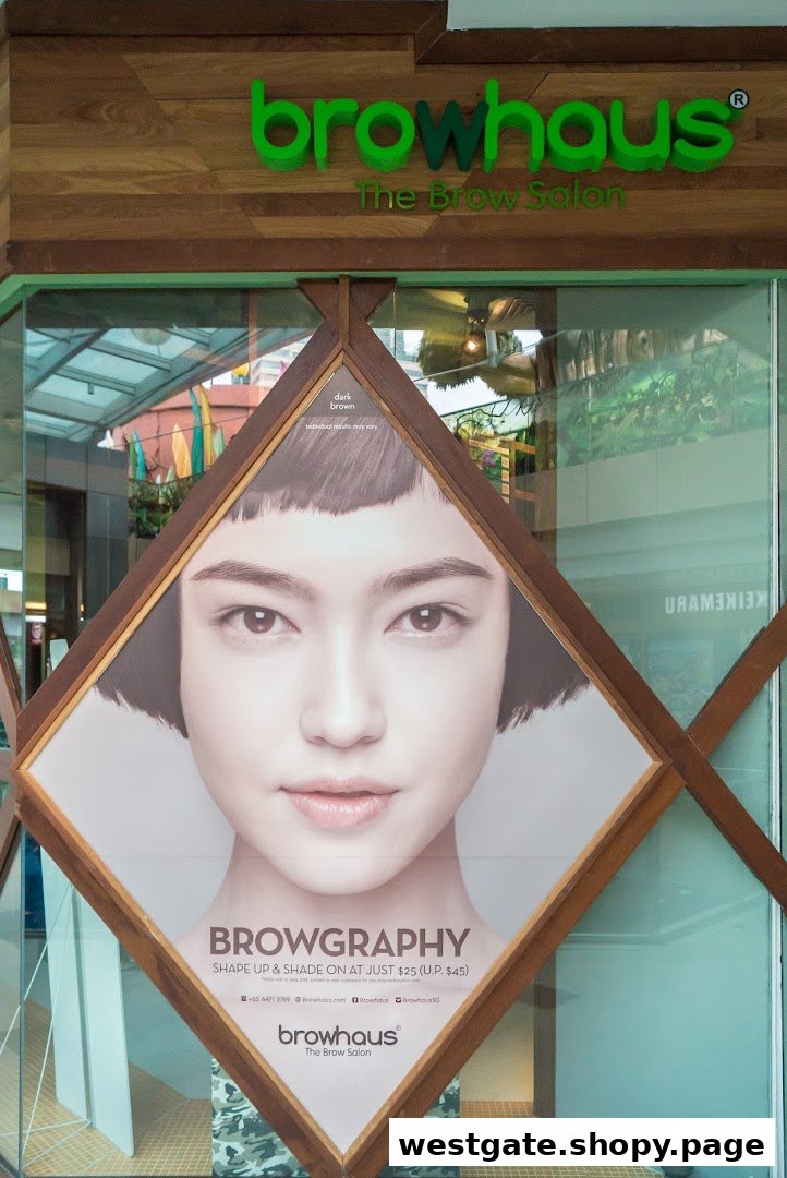 The storefront of Browhaus, a brow salon, featuring its logo and a promotional poster for 'Browgraphy'.