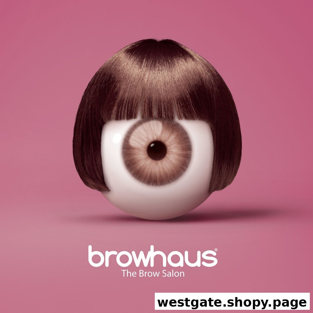 A stylized eyeball with a bob haircut on a pink background, featuring the Browhaus logo.