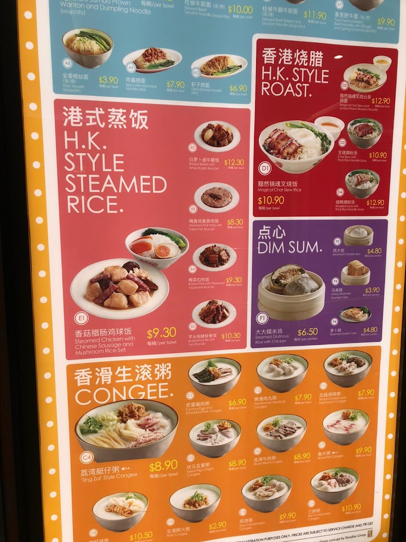 A vibrant menu board showcasing Hong Kong style noodles, rice, roast, dim sum, and congee dishes.