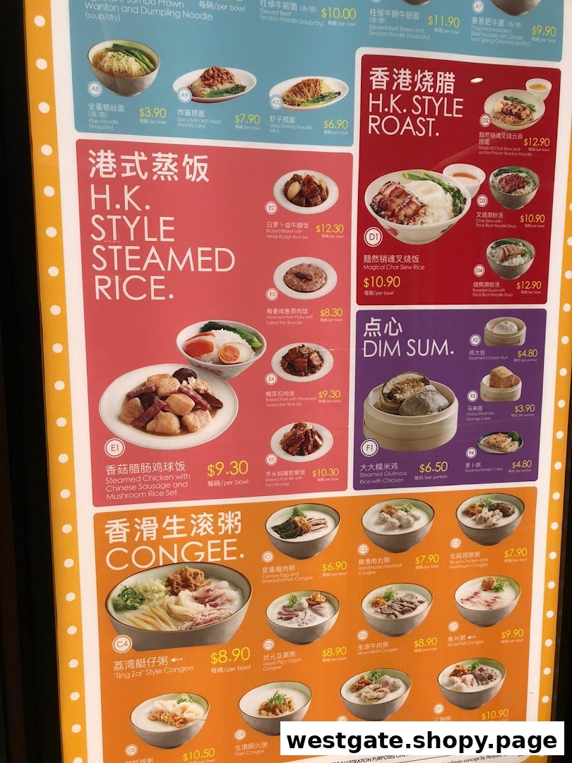A vibrant menu board showcasing Hong Kong style noodles, rice, roast, dim sum, and congee dishes.