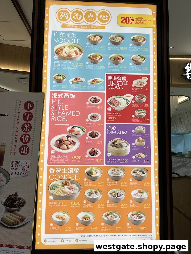 A brightly lit menu board showcasing a variety of Cantonese noodles, congee, steamed rice, and dim sum dishes.