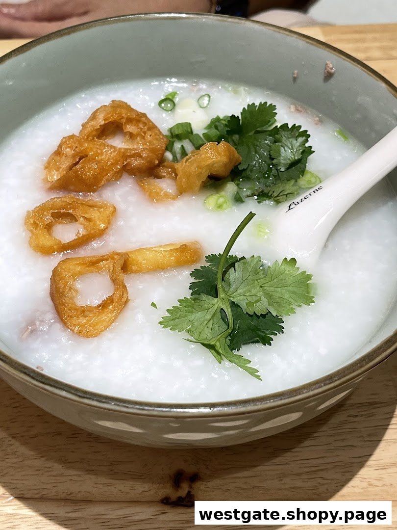 A close-up of a bowl of congee topped with fried dough fritters, spring onions, and fresh coriander.