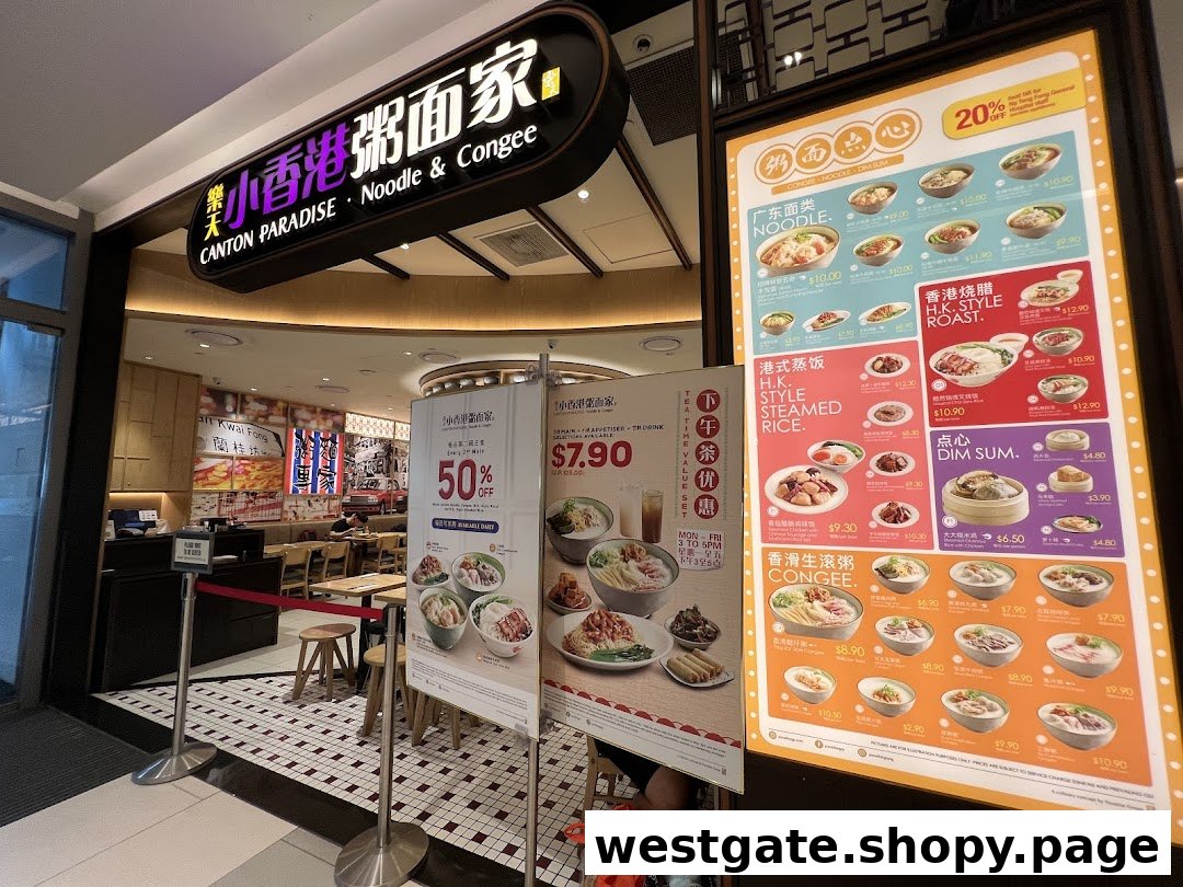 A vibrant menu board showcasing Canton Paradise's Hong Kong-style noodles, congee, roast, steamed rice, and dim sum, alongside the shop entrance.