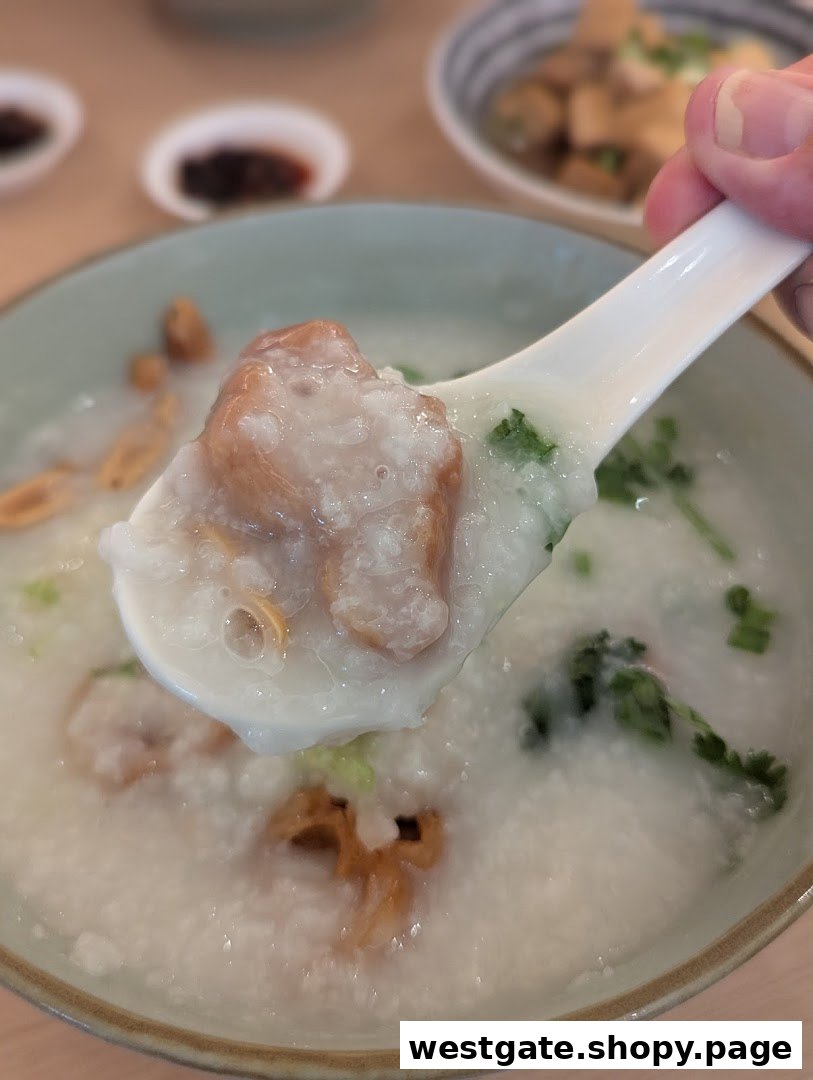 A close-up shot of a spoon lifting a spoonful of comforting congee with ingredients from a bowl.