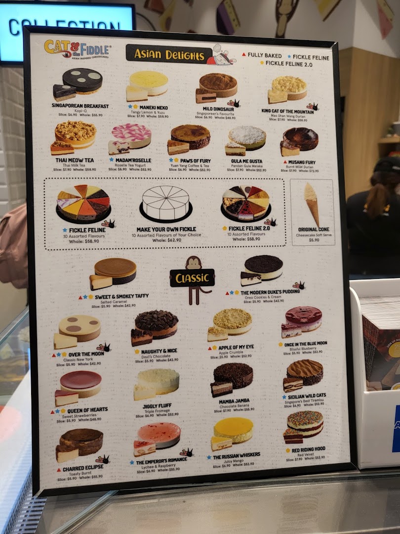 A detailed menu board from Cat & the Fiddle Cakes, showcasing various cheesecake flavors and prices.