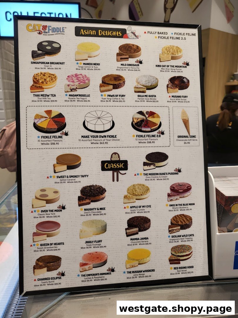 A detailed menu board from Cat & the Fiddle Cakes, showcasing various cheesecake flavors and prices.