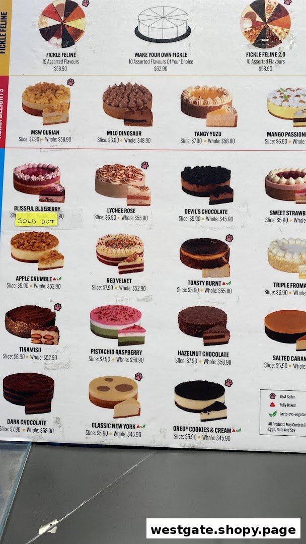A detailed menu displaying various cakes, their prices, and descriptions from Cat the Fiddle Cakes.