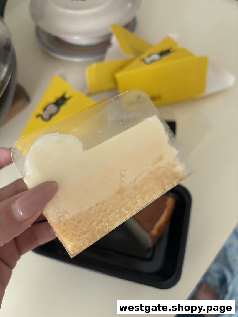 A hand holds a slice of creamy cheesecake, with yellow Cat the Fiddle cake boxes in the background.
