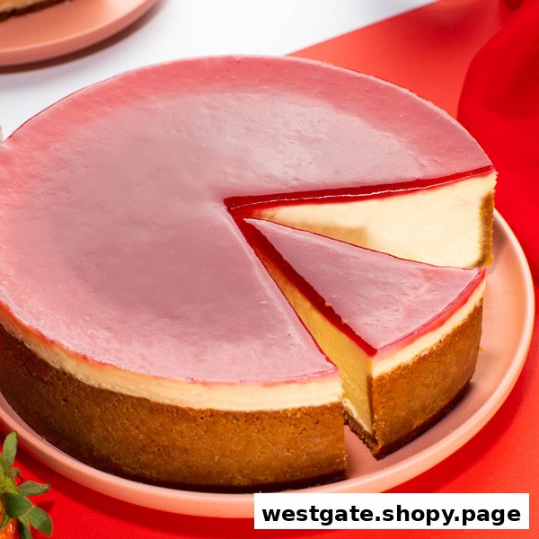 A delicious cheesecake with a slice removed, featuring a pink glaze and creamy filling.
