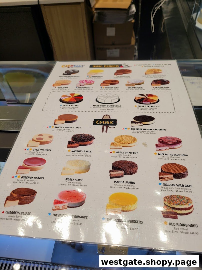 A detailed menu board from Cat & the Fiddle Cakes, showcasing various cheesecake flavors and prices.