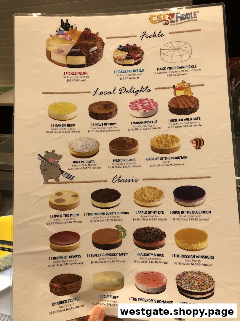 A detailed menu displaying various cheesecakes with prices and descriptions from Cat & the Fiddle.