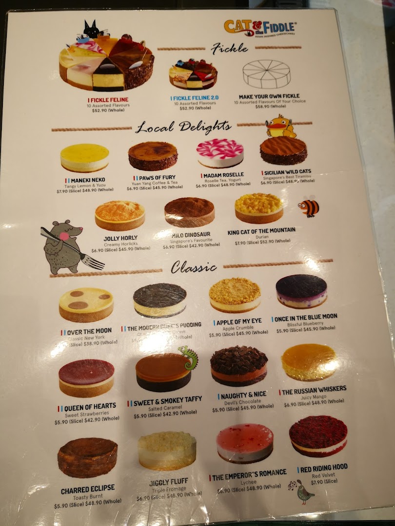 A detailed menu displaying various cheesecake flavors and prices from Cat & Fiddle Cakes.