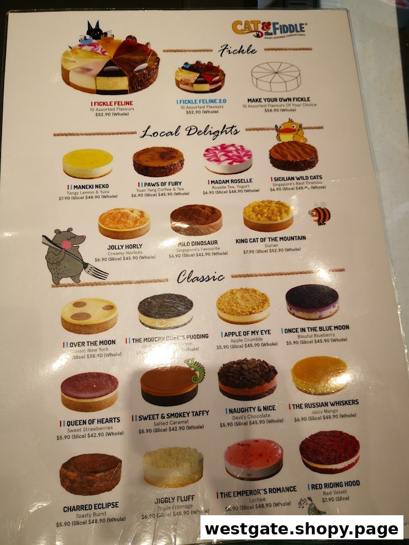 A detailed menu displaying various cheesecake flavors and prices from Cat & Fiddle Cakes.