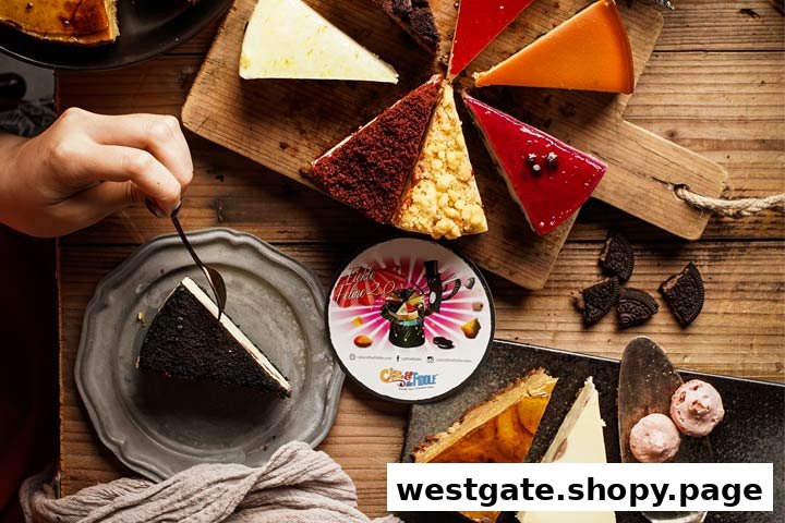 A vibrant assortment of cheesecake slices and desserts on a rustic wooden table, with a hand serving a slice.