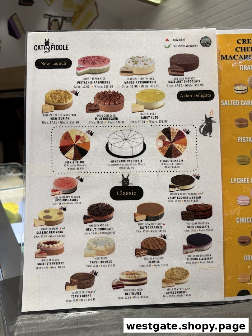 A detailed menu board from Cat & the Fiddle Cakes, showcasing various whole and sliced cheesecakes.